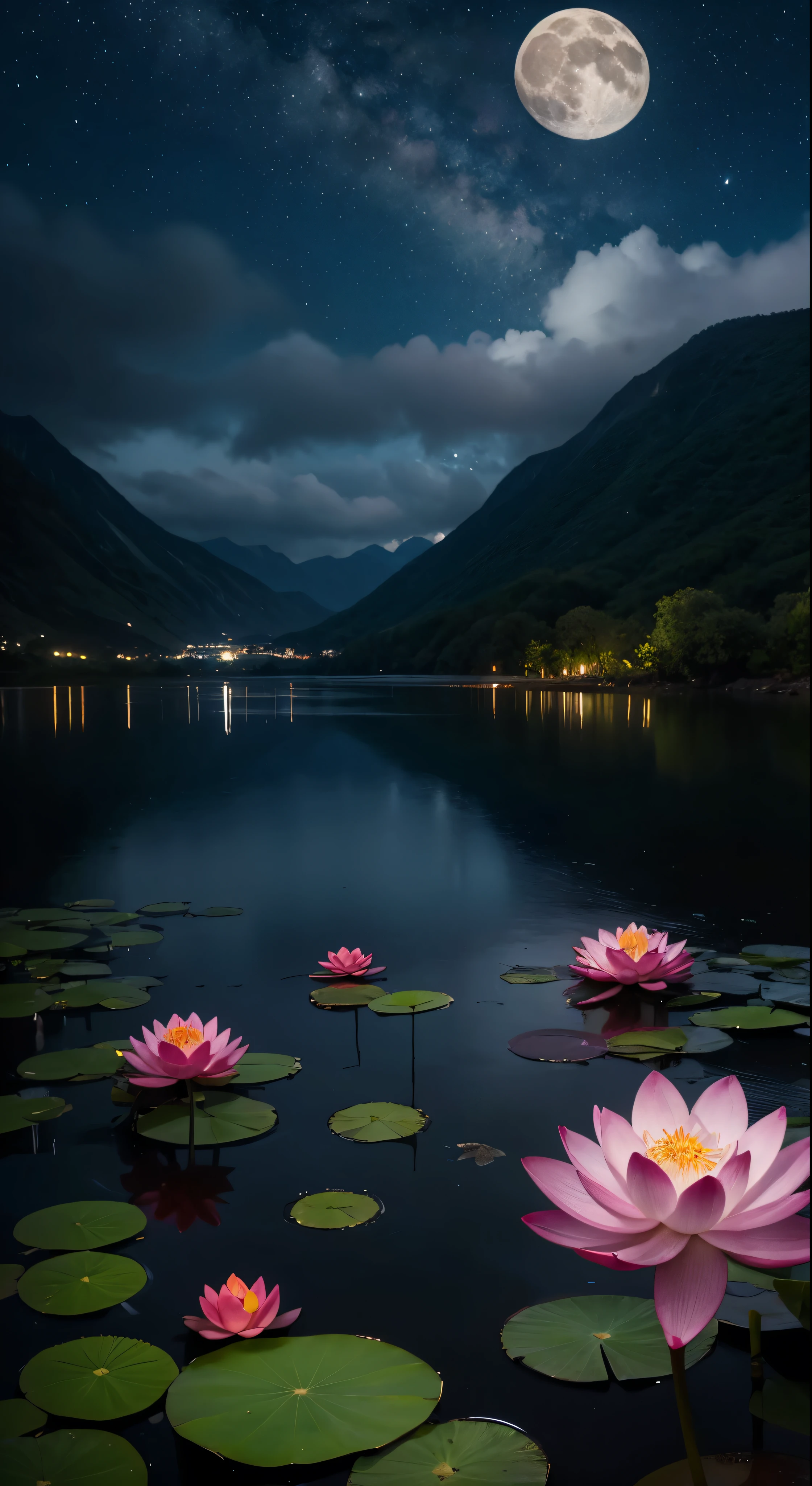 At night, only the moonlight illuminates, crooked moon, mountains in the distance, beautiful big lotus flowers nearby, big red lotus flowers, running water next to it, frogs, summer full of joy, crooked moon in the sky mixed with stars, amazing wallpaper, rainy night, night in the rain, beautiful and beautiful, movie, high detail ((heavy rain))), 8k