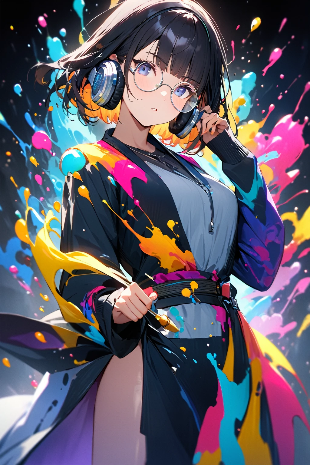 (extremely detailed fine touch:1.3), (((silver semi-rimless round eyewear:1.3))), (wear silver headphones:1.2), black short hair, blunt bangs, 1girl, 2.5d face, Silhouette of girl, ink strokes in background, looking at viewer, dancing pose, ink rain, stunning image, ink smoke, digital art, professional style, ((Masterpiece Quality: 2)), ink drops and ink droplets Drops also have colorful drop-like extensions for an attractive image.