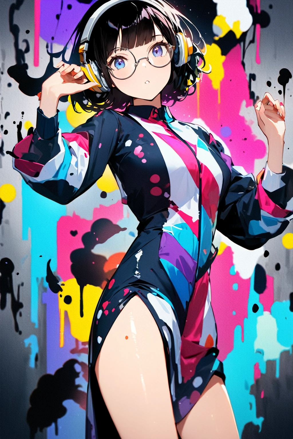 (extremely detailed fine touch:1.3), (((silver semi-rimless round eyewear:1.3))), (wear silver headphones:1.2), black short hair, blunt bangs, 1girl, 2.5d face, Silhouette of girl, ink strokes in background, looking at viewer, dancing pose, ink rain, stunning image, ink smoke, digital art, professional style, ((Masterpiece Quality: 2)), ink drops and ink droplets Drops also have colorful drop-like extensions for an attractive image.