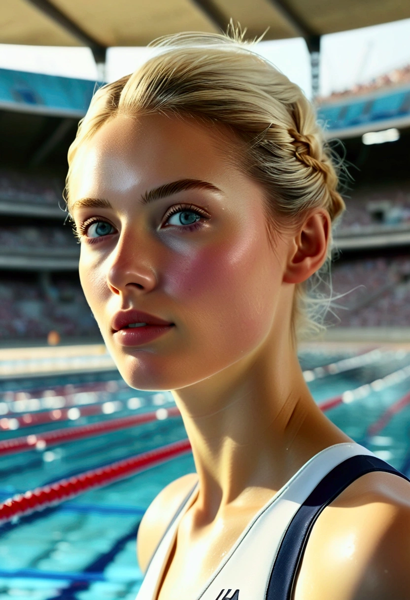 (Female athlete swimming towards the finish line at the Paris Olympic swimming stadium_Delicate nose and beautiful face, delicate eyes, delicate lips, neatly tied hairstyle, pale skin), (Best quality, 4K, 8K, High resolution, Masterpiece: 1.2), Highly detailed, (Realistic, Realistic, Realistic: 1.37), White sportswear_Intricate and detailed, Sports, People, Dynamic poses, Outdoor scene, Stadium structure, Bright sunlight, Vivid colors