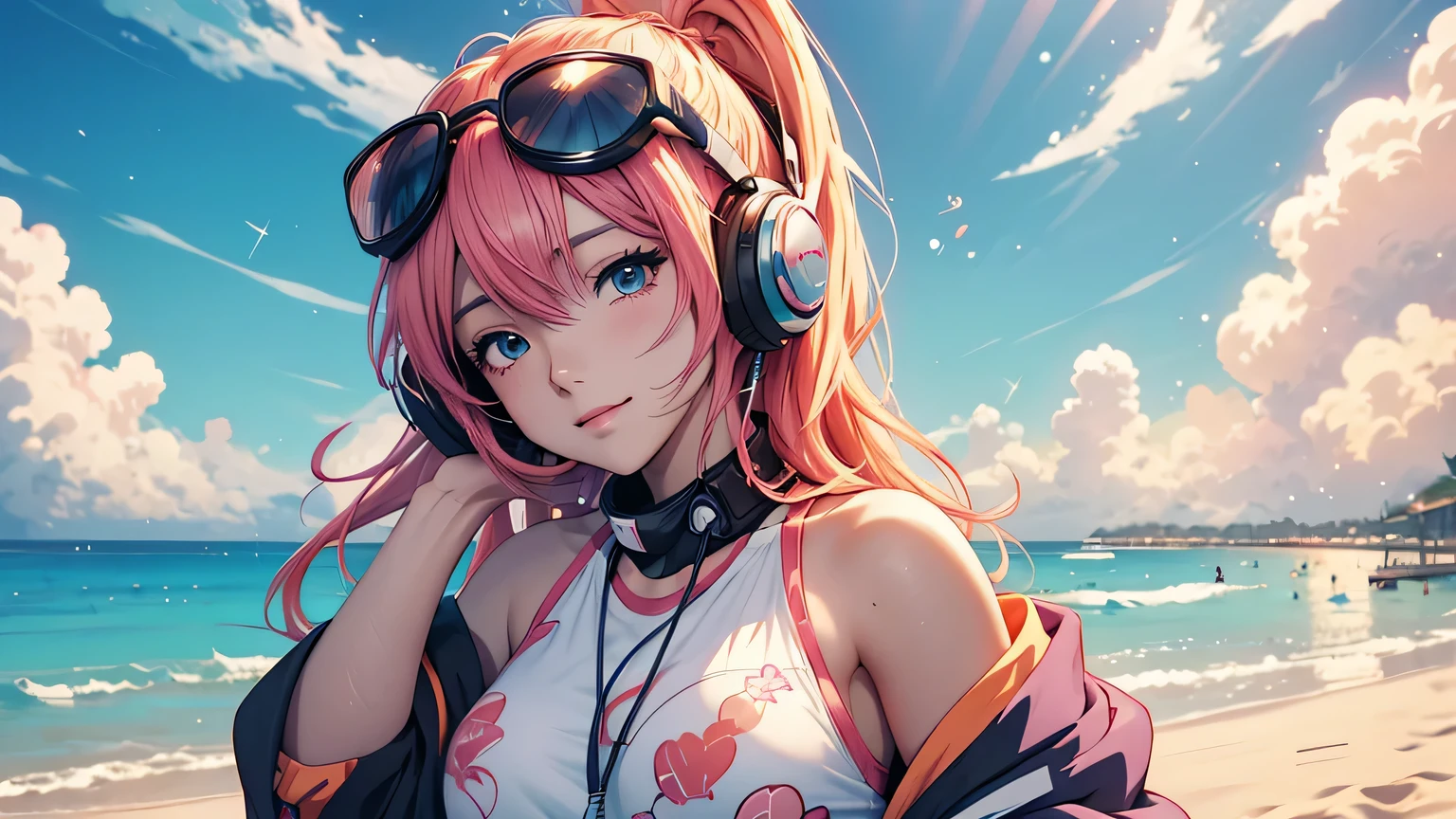 Woman wearing headphones, Anime Style 4 k, anime wallpaper 4k, anime wallpaper 4k, 4k anime wallpaper, anime art wallpaper 4k, anime art wallpaper 4k, Anime Style. 8K, Anime atmosphere, , Ultra HD Anime Wallpaper, Anime Art Wallpaper 8K, Anime Background,landscape、Beach、Swimwear