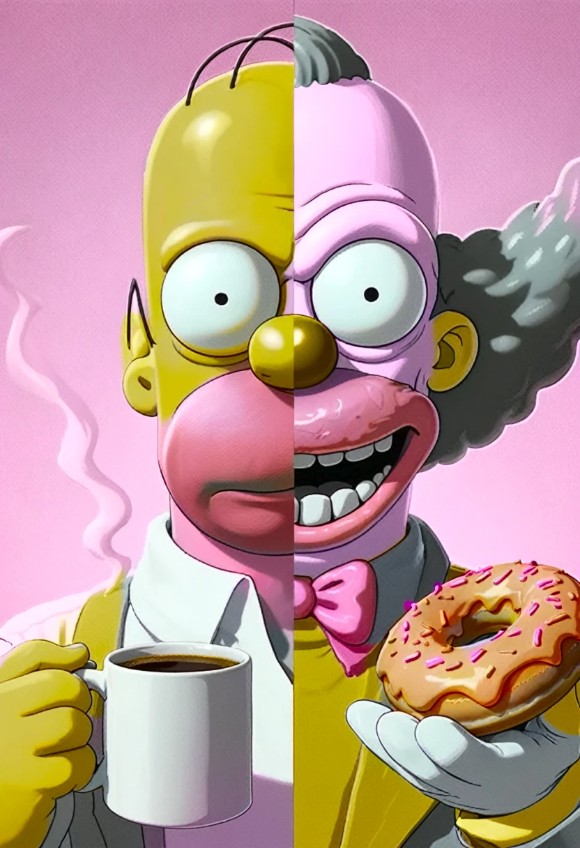 neon, simpsons, nightmare, no light source, darkness, shades of dark colors, bold darkness, homer simpson duality, half and half krusty the clown, hybrid mutant, one creature homer and krusty, split, eating a frosted pink glazed doughnut, doughnut showcase, mug of steaming coffee, film screengrab, hand drawn blend amblinanimation and simpsons hand drawn cartoon, minimal, serene, perfect, strange, candid, cinematic, surreal, realism, photographed, timeless, lost in space, liminal, blank canvas, abstract, nuanced, clearly simpsons cartoon distinct