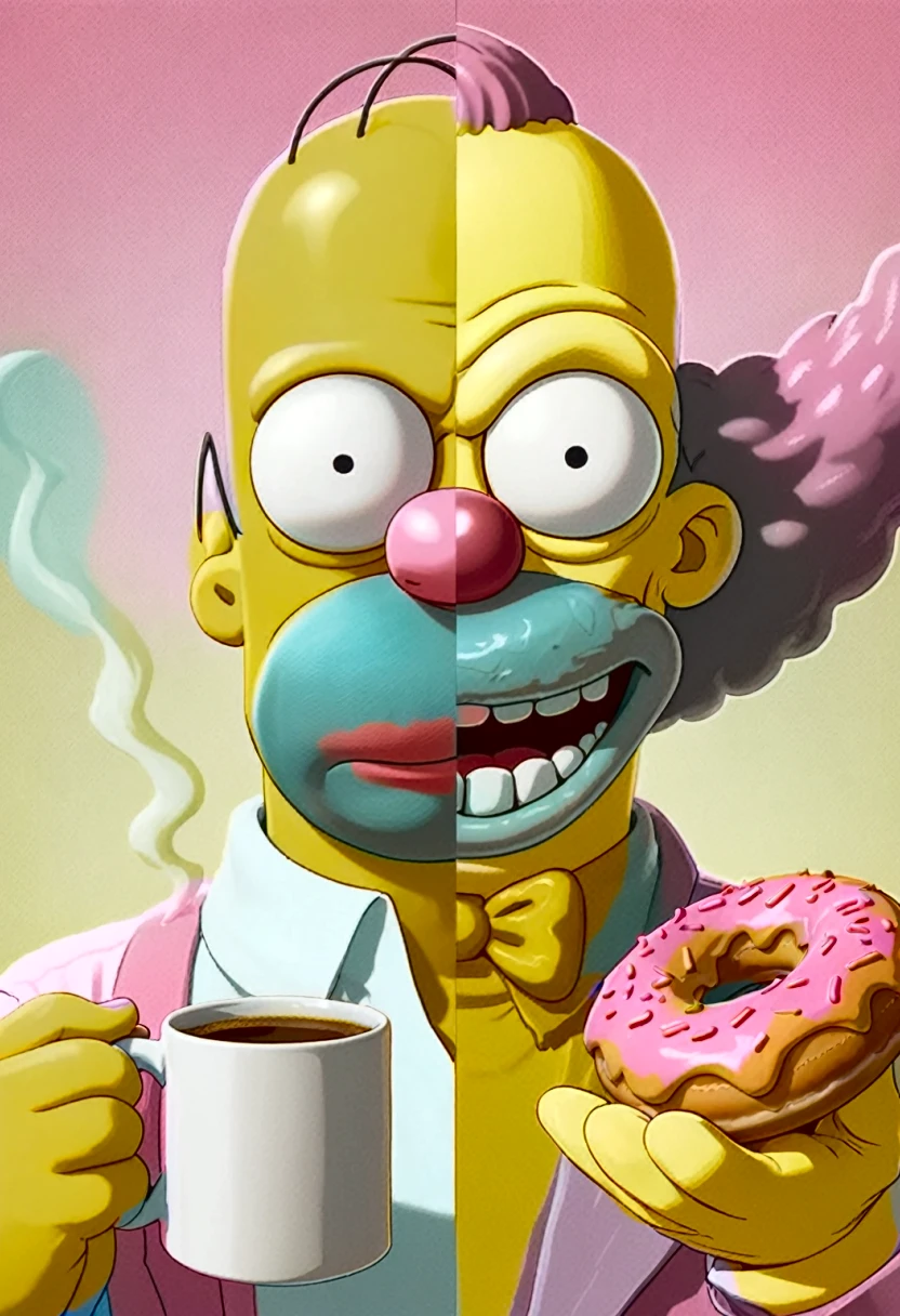 neon, simpsons, nightmare, no light source, darkness, shades of dark colors, bold darkness, homer simpson duality, half and half krusty the clown, hybrid mutant, one creature homer and krusty, split, eating a frosted pink glazed doughnut, doughnut showcase, mug of steaming coffee, film screengrab, hand drawn blend amblinanimation and simpsons hand drawn cartoon, minimal, serene, perfect, strange, candid, cinematic, surreal, realism, photographed, timeless, lost in space, liminal, blank canvas, abstract, nuanced, clearly simpsons cartoon distinct