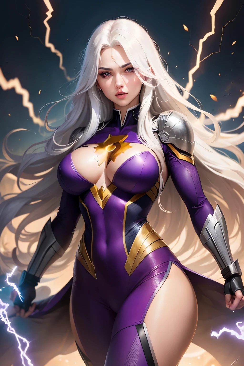 beautiful woman, long white hair, purple eyes, superhero outfit, big bust, electric powers, high quality