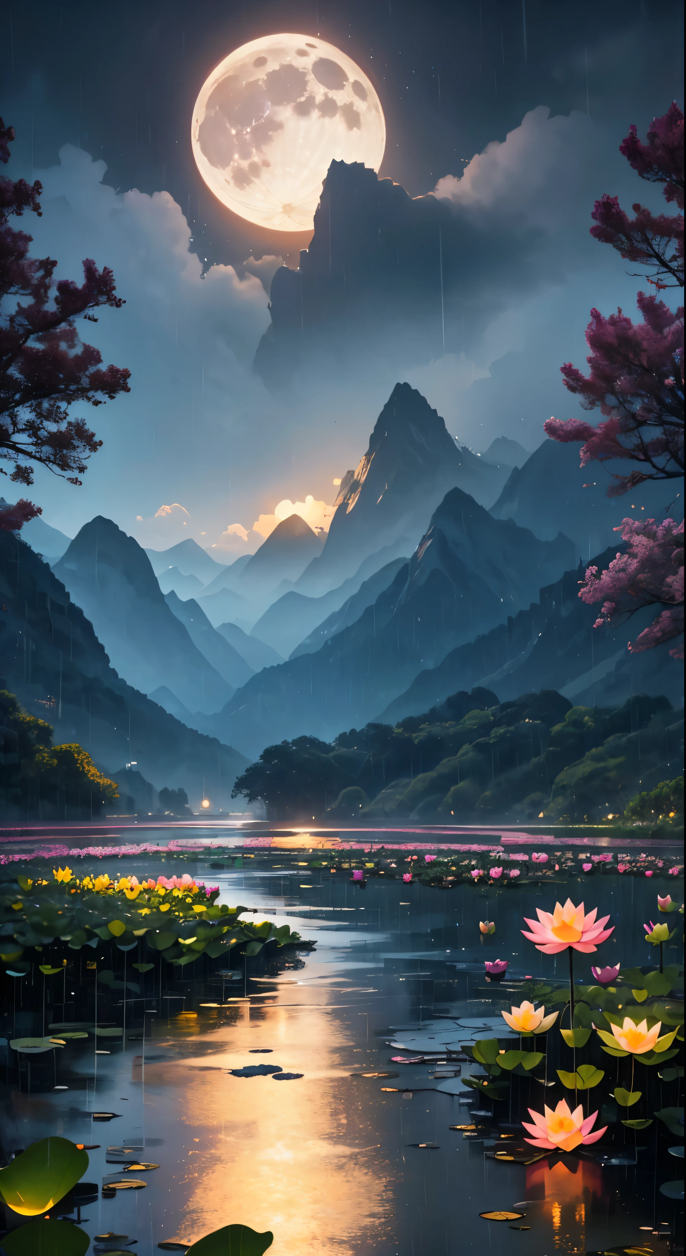 At night, only the moonlight illuminates, crooked moon, mountains in the distance, beautiful big lotus flowers nearby, big red lotus flowers, running water next to it, frogs, summer full of joy, crooked moon in the sky mixed with stars, amazing wallpaper, rainy night, night in the rain, beautiful and beautiful, movie, high detail ((heavy rain))), 8k