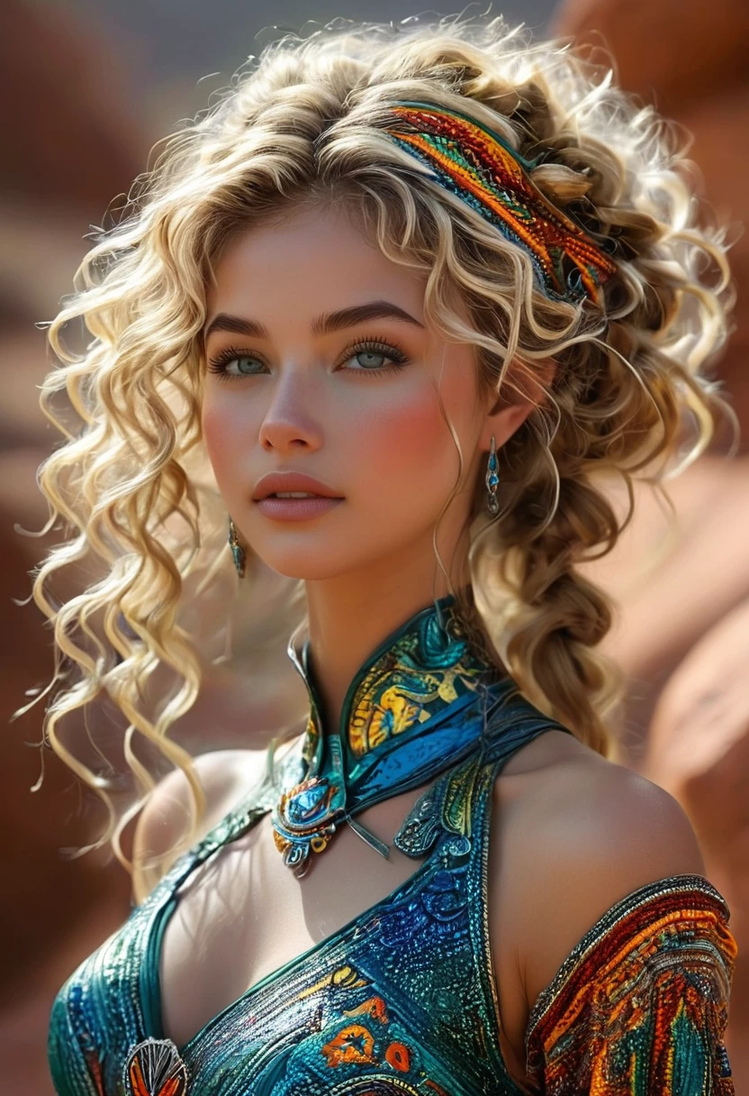 Beautiful boho women stunning merge of Masiela Lusha with colorful southwestern style dress. colorful southwestern earing and. jewelry, blond colored hair that is coarse, wiry, and tightly curled. It often has a rough texture, feels stiff to the touch, and may be prone to frizz and tangling. The curls can be densely packed. cute, girly, sexy. The Official Art – An Award-Winning Digital Masterpiece In 4K Ultra HD, Extreme Detail And Intricate Realism. symmetrical face. This Concept Art Brought To Life By The Hands Of Artists Like Wlop & Artgerm In A Stunning 2D Vector Illustration. large, perky, full, vuluptious, symmetrical and spherical breasts. Background is a beautiful panoramic vista of a red rock canyon.
