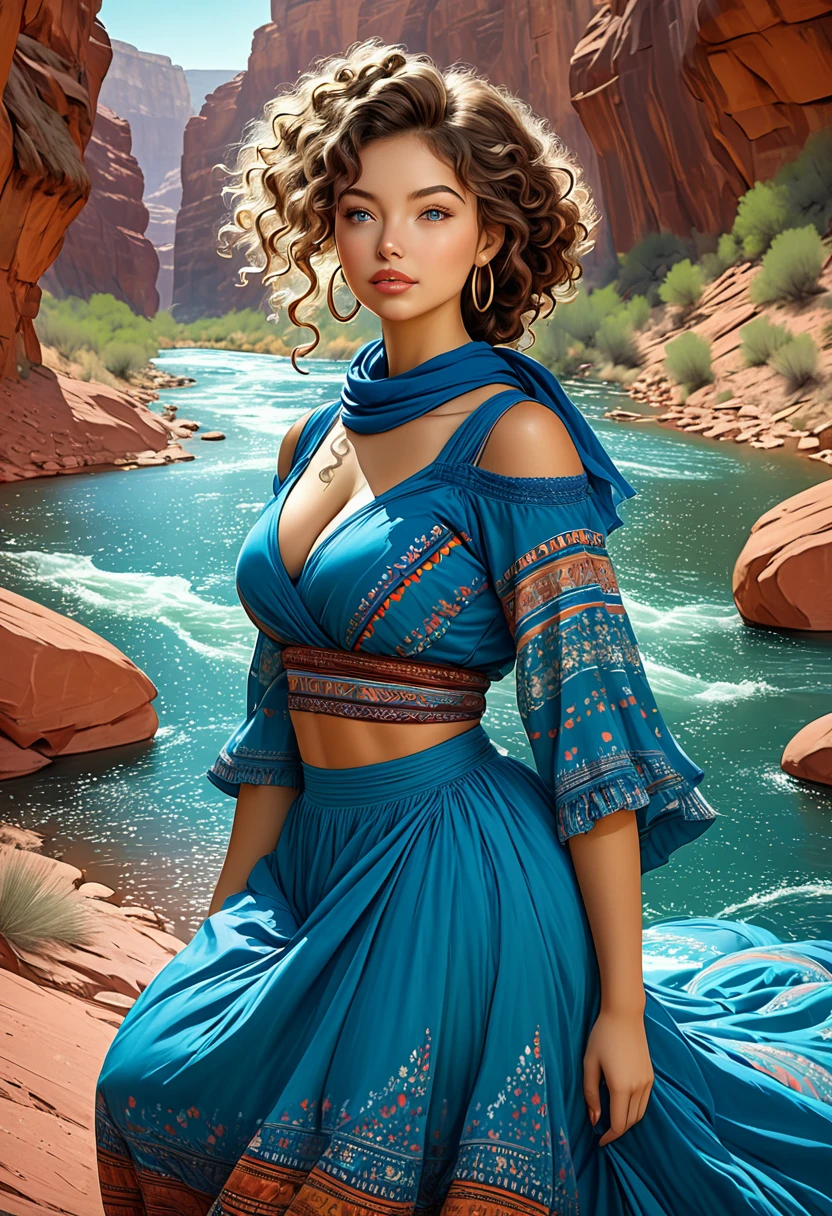 Thirst trap. A beautiful gypsy boho woman with large thick and wide beautiful lips with the appearance of Masiela Lusha, thick hips, thin waist, deep and wide breasts. Hourglass figure, with hair that is coarse, wiry, and tightly curled. It often has a rough texture, feels stiff to the touch, and may be prone to frizz and tangling. curls can be densely packed. Looking at viewer with love. Long southwestern style dress, hoop earing and jewelry. Wearing a gypsy dress with Skirts and scarves billowing in breeze. The Official Art – An Award-Winning Digital Masterpiece In 4K Ultra HD, Extreme Detail And Intricate Realism. This Concept Art Brought To Life By The Hands Of Artists Like Wlop & Artgerm In A Stunning 2D Vector Illustration. . massive, perky, perfect spheres, firm, voluptuous, cleavage, full, well shaped pleasing breasts. buxom. Background is a panoramic vista of redrock canyon with a beautiful blue river running through it.
