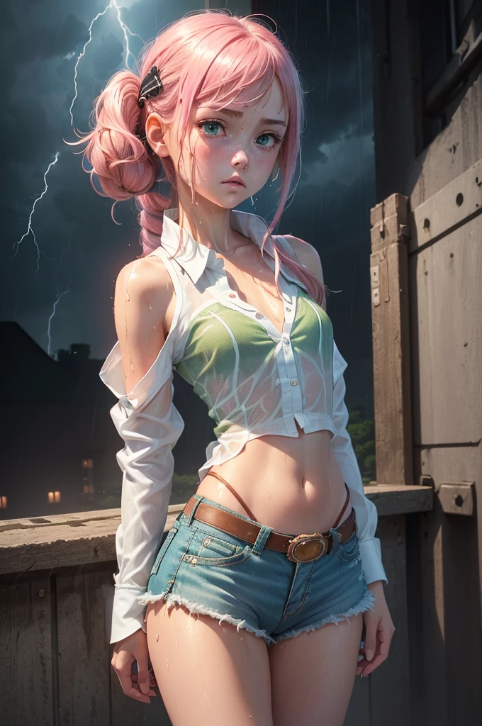 best quality, ultra-detailed, best illustration, masterpiece, high res (1girl:1.3), ((solo)), (perfect anatomy) (perfect face), (young girl (), fair skin, pink hair (shoulder length), green eyes, (((cowgirl outfit))), (((white shirt))), jean skintight black mini shorts, happy, blushing, (((flat chest))), in a futuristic setting with a green light, annoyed, cyberpunk, (drinking water), best anime 4k, cybersuits, in her school, ((during a storm))), (at night), (((wet))), ((rain)), (night), ((((alone)))), from behind