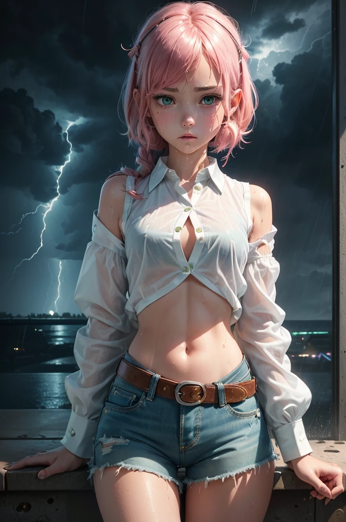 best quality, ultra-detailed, best illustration, masterpiece, high res (1girl:1.3), ((solo)), (perfect anatomy) (perfect face), (young girl (), fair skin, pink hair (shoulder length), green eyes, (((cowgirl outfit))), (((white shirt))), jean skintight black mini shorts, happy, blushing, (((flat chest))), in a futuristic setting with a green light, annoyed, cyberpunk, (drinking water), best anime 4k, cybersuits, in her school, ((during a storm))), (at night), (((wet))), ((rain)), (night), ((((alone)))), from behind