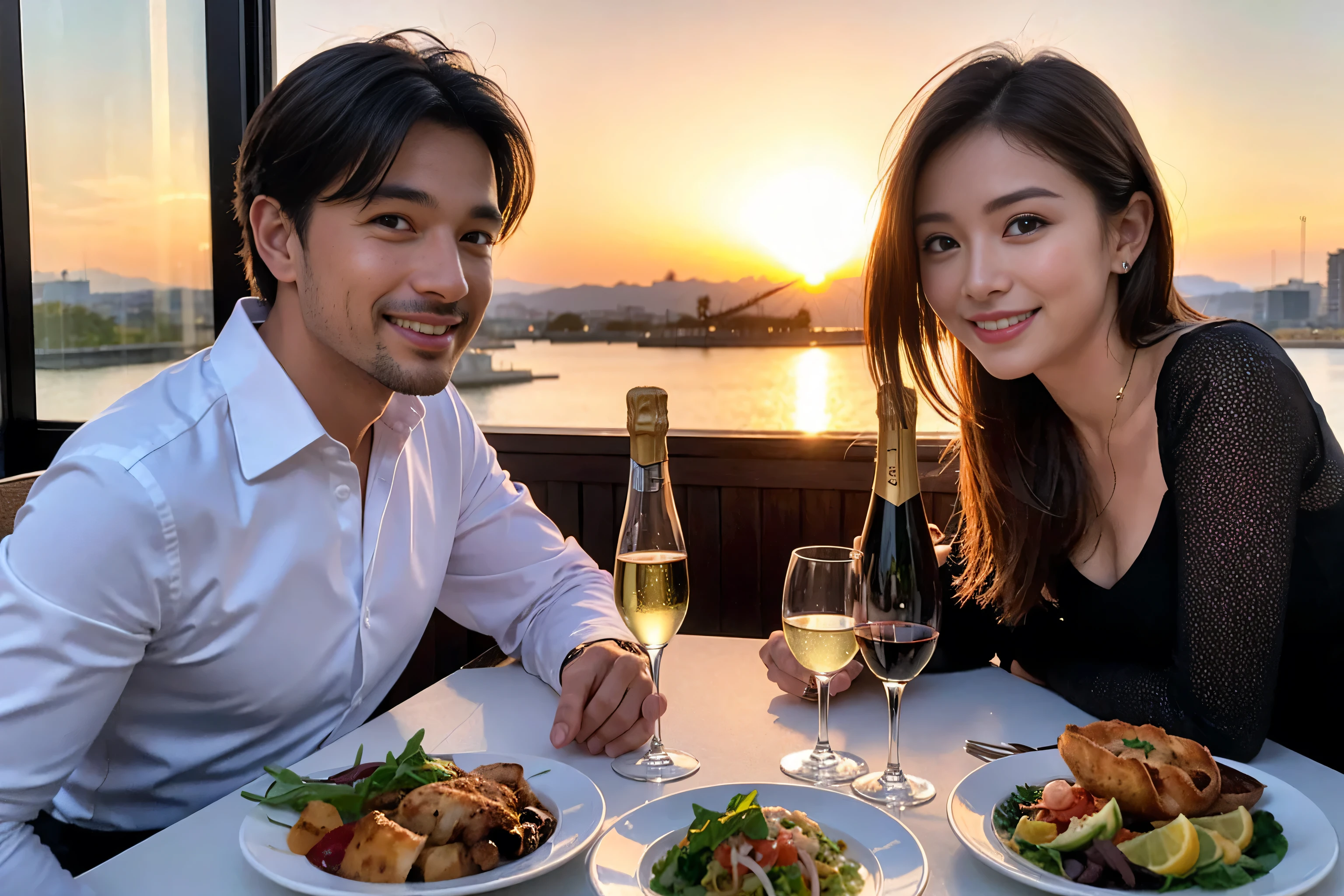 ((Highest quality、8k、masterpiece:1.3))、cute、Slim Couple、Model Couple、Actress/Actor、(Realistic, Intricate details:1.2), full-course dinner、wine 、Amazing view of the sunset sky and clouds、A bright smile、short hair,Bright Face、 (45 years old), 48 years old, 赤wine 、Appetizers、Italian food、wine bottle、Champagne、スパークリングwine、Two beauties、Brown Hair、Shortcuts、Long sleeve shirt、dress、Beautiful woman 1, (Slim face), (The body is スリム), (Brown Hair), (Shortcuts), cheeks turn a little red,Attractive beauty、