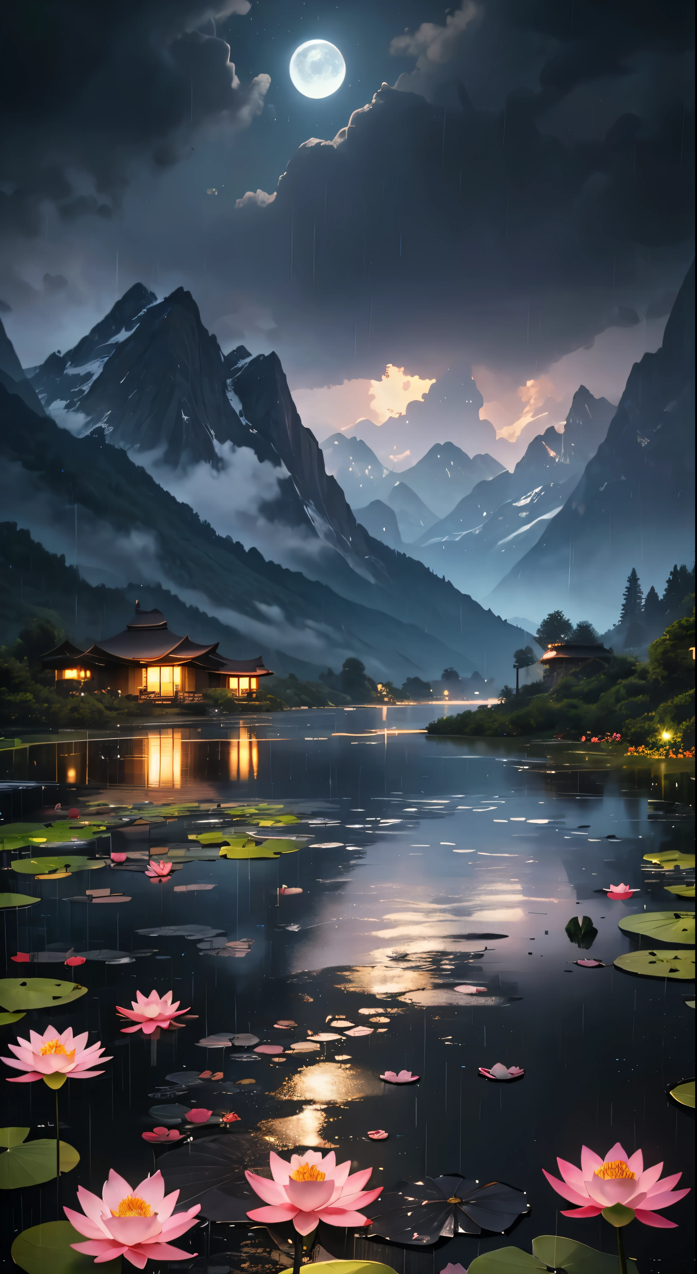 At night, only the moonlight illuminates, crooked moon, mountains in the distance, beautiful big lotus flowers nearby, big red lotus flowers, running water next to it, frogs, summer full of joy, crooked moon in the sky mixed with stars, amazing wallpaper, rainy night, night in the rain, beautiful and beautiful, movie, high detail ((heavy rain))), 8k