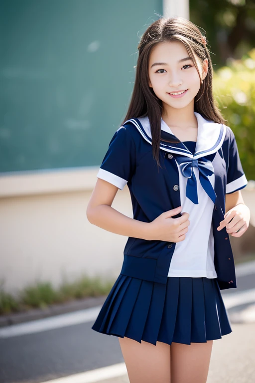 (masterpiece, highest quality:1.2), 8K, Young beautiful girl, 85mm,Official AR RAW Photos, 、clothed big breasts、show me your ears、photo shoot, cute face, thighs, After school classroom, looking at the viewer, embarrassing、smile、no makeup, film grain, chromatic aberration, sharp focus, face light, clear lighting, Ten generations, detailed face, background bokeh、((((((14 year oool girl))))))、thin waist、sailor suit、cardigan、navy blue mini skirt、Lift the skirt with your hands、White tiny panties、open your legs