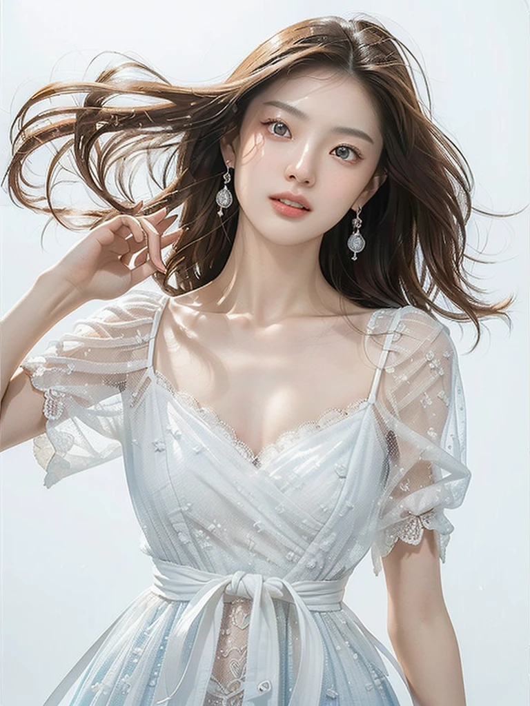 (((Bright White Background 1.5)))、(((High Key Portrait 2.0)))Professional Lighting、(((Professional Lighting 1.5)))、Translucent skin texture、Beautiful Skin、Beautiful Skin、、(((Whitening 1.5)))、、、音符のEcstasy、(((Light blue dress 1.5)))、Profile 1.4、See-through。No bra、Mid-shot photo、Simple Earrings、((tea hair))、((Mid-length hair))、Loose wavy hair、sex appeal、Sex Appeal、Ecstasy、(((Mid-shot photo1.5))、(((Dynamic pose 1.85)))、One woman、