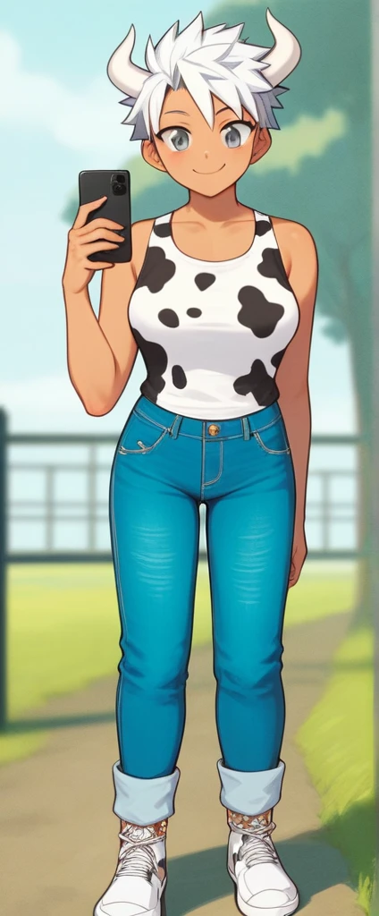score_9, score_8_up, source_anime, masterpiece, best quality, BREAK 1girl, white horns, white spiked hair, grey eyes, >:) smile, pants, cow print tank top, jeans, meadow
