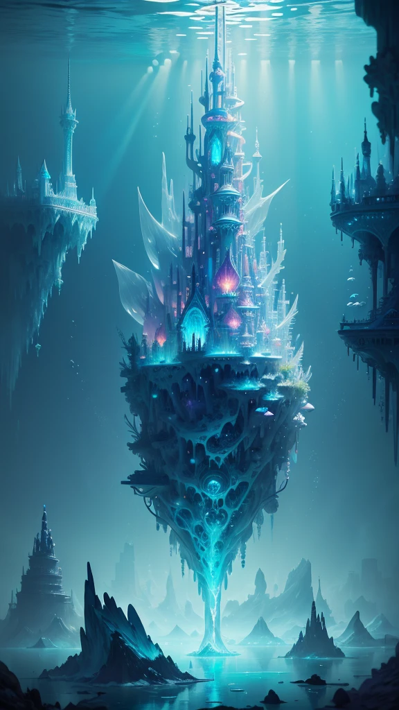 ((Need)), ((tmasterpiece)), (A detailed)),Translucent underwater ice palace,Colorful Atlantis City,Colorful underwater kingdom,Futuristic underwater city,Futuristic technology,Alien technology,Colorful magical sea creatures,Future cyberpunk,Surreal dreams,Surrealist art fantasy style,Epic digital fantasy art style,Art germ, Broken glass, ((bubbly underwater scenery)) Radiant light octane rendering is highly detailed