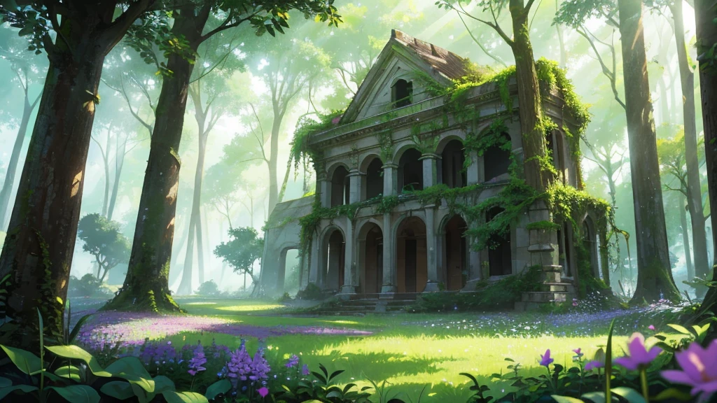 Ancient buildings transformed by nature, Wildflowers blooming around, The ruins are covered with lush green plants, Located in a secluded forest glade. Soft light shines through the dense tree canopy, Quiet and desolate. Anime Nature, Peaceful atmosphere, Very detailed, High-definition quality, Natural appearance