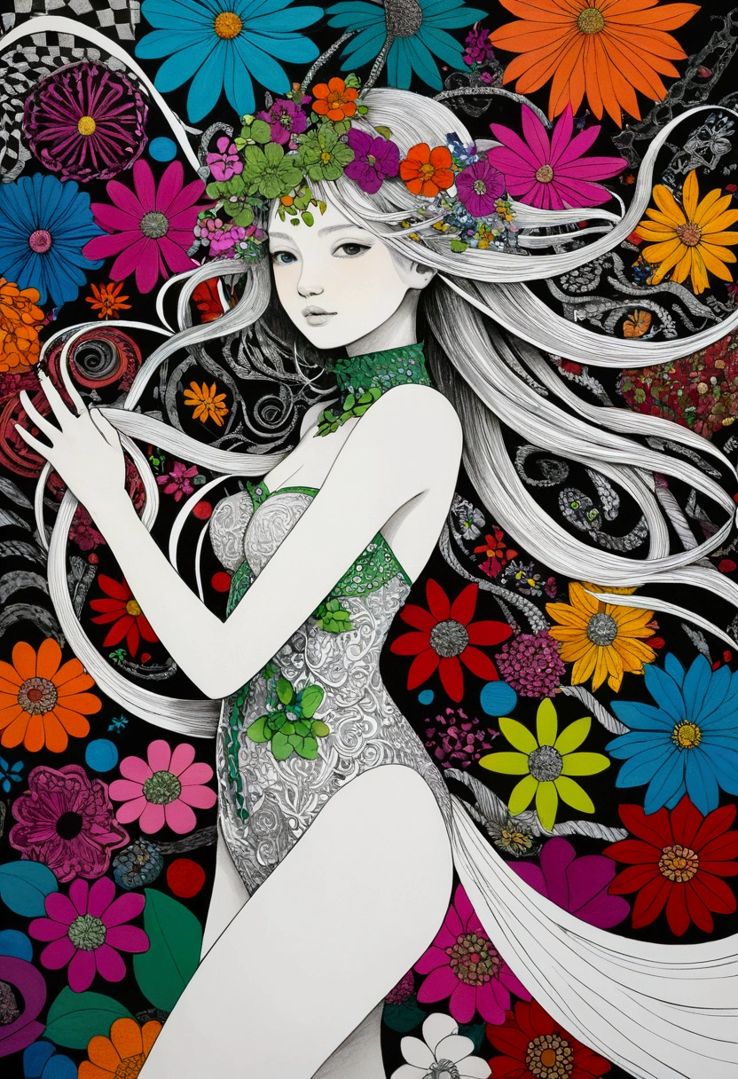 Official Art, colorful, Very detailed, whole body, beautiful, masterpiece, Highest quality, (zenTangle, colorful, Tangle, enTangle), (Flower Ecstasy:1.2) Dynamic Angle, Girl, the most beautiful form of chaos, elegant, Brutalist Design, Vibrant colors, Romanticism, whole body,The background is silver&green: Surrounded by a white aura、god々Shii、An illustration、12 years old、whole body
