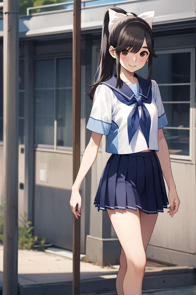 masterpiece, best quality, highres, aamanaka, long hair, ponytail, hair bow, serafuku, white shirt, short sleeves, sailor collar, blue neckerchief, pleated skirt, blue skirt, standing, cowboy shot, smile, outdoors,)