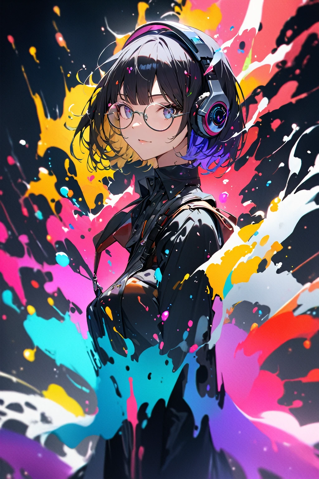 (extremely detailed fine touch:1.3), (((silver semi-rimless round eyewear:1.3))), (wear silver headphones:1.2), black short hair, blunt bangs, Silhouette of girl, ink strokes in background, looking at viewer, dancing pose, ink rain, stunning image, ink smoke, digital art, professional style, ((Masterpiece Quality: 2)), ink drops and ink droplets Drops also have colorful drop-like extensions for an attractive image.