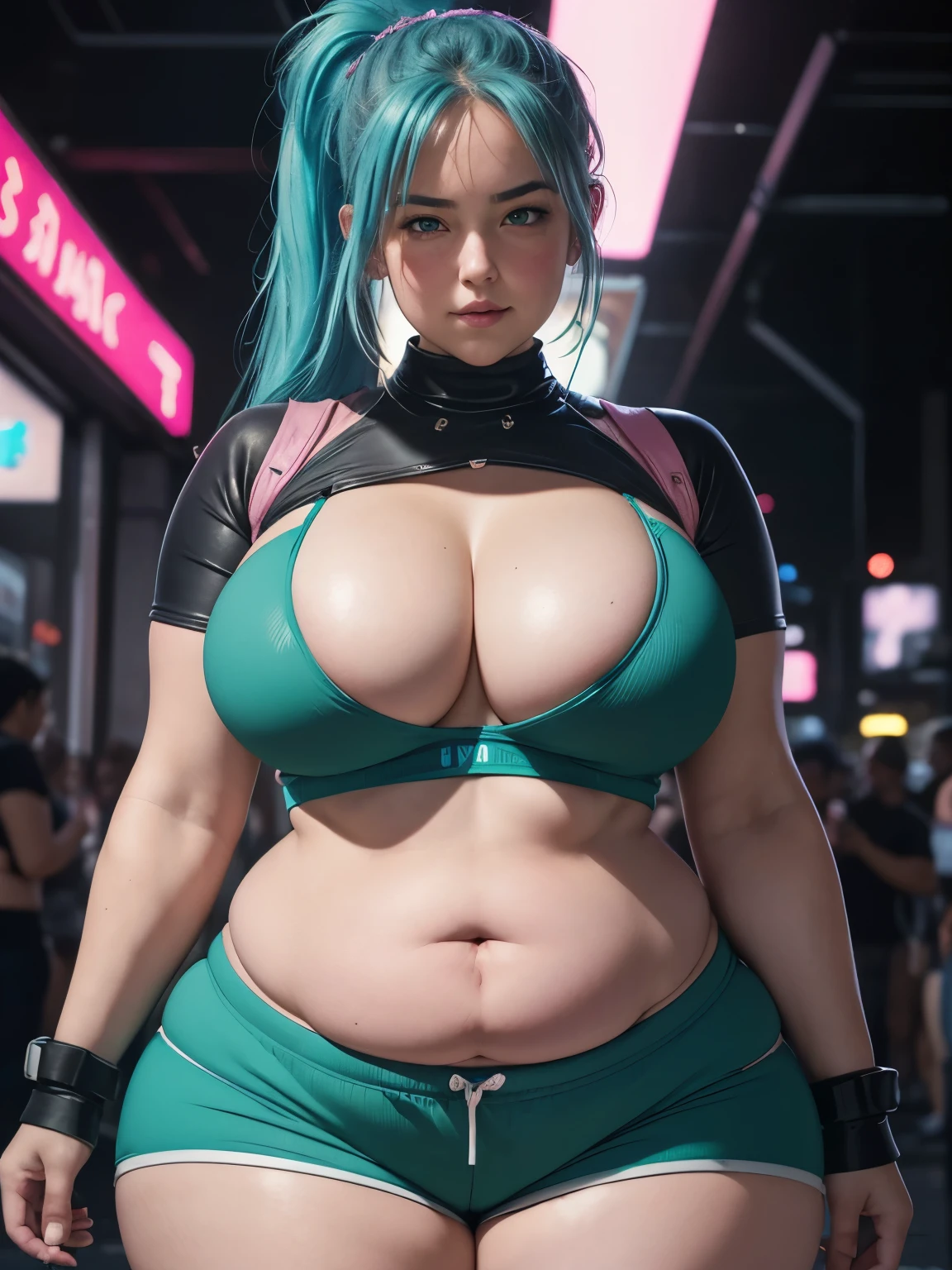 a girl, light blue hair, Hatsune Miku style hair, blue eyes, 20 years old, in berlin, modern city, accessories, sculptural body, best quality, masterpiece, busty, gym shirt, leggings.  , gigantic breasts, giga_busty