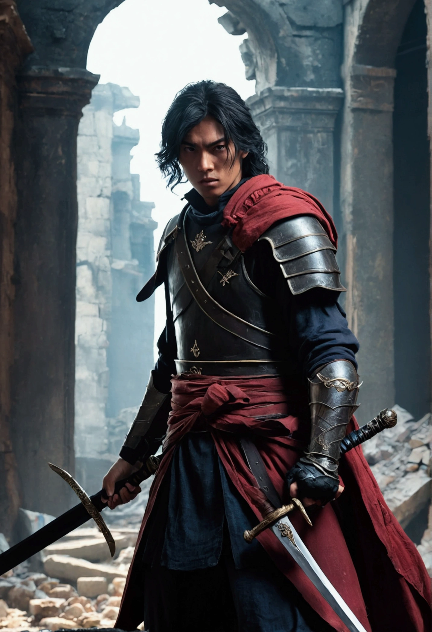 A swordsman holding a sword in the ruins of a city, fight scenes, ink animation style, 8k, female figures of the game, art style, extremely detailed, digital painting, movie lighting, dramatic lighting, bright colors, powerful expressions, dynamic poses, urban background, melancholy atmosphere, dark colors, Animated city Settings, heroes, epic fantasies, atmospheres, masterpieces