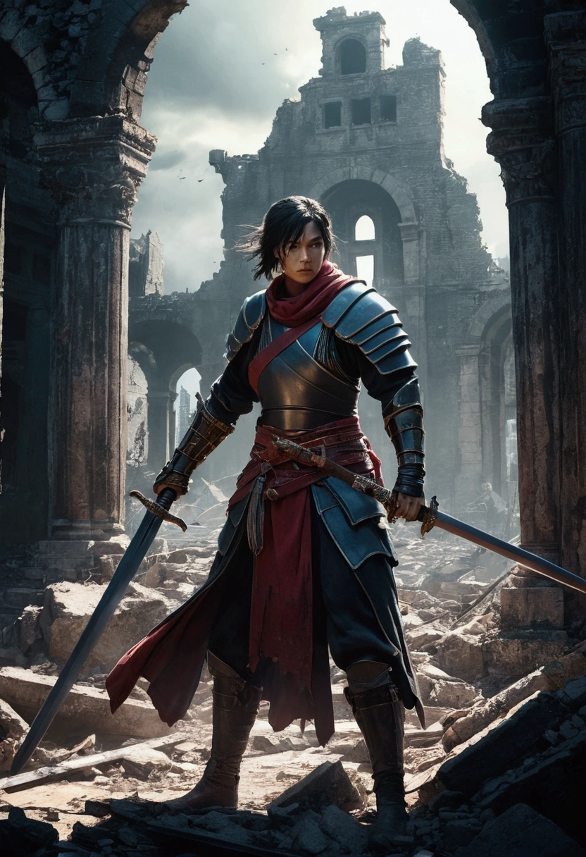 A swordsman holding a sword in the ruins of a city, fight scenes, ink animation style, 8k, female figures of the game, art style, extremely detailed, digital painting, movie lighting, dramatic lighting, bright colors, powerful expressions, dynamic poses, urban background, melancholy atmosphere, dark colors, Animated city Settings, heroes, epic fantasies, atmospheres, masterpieces