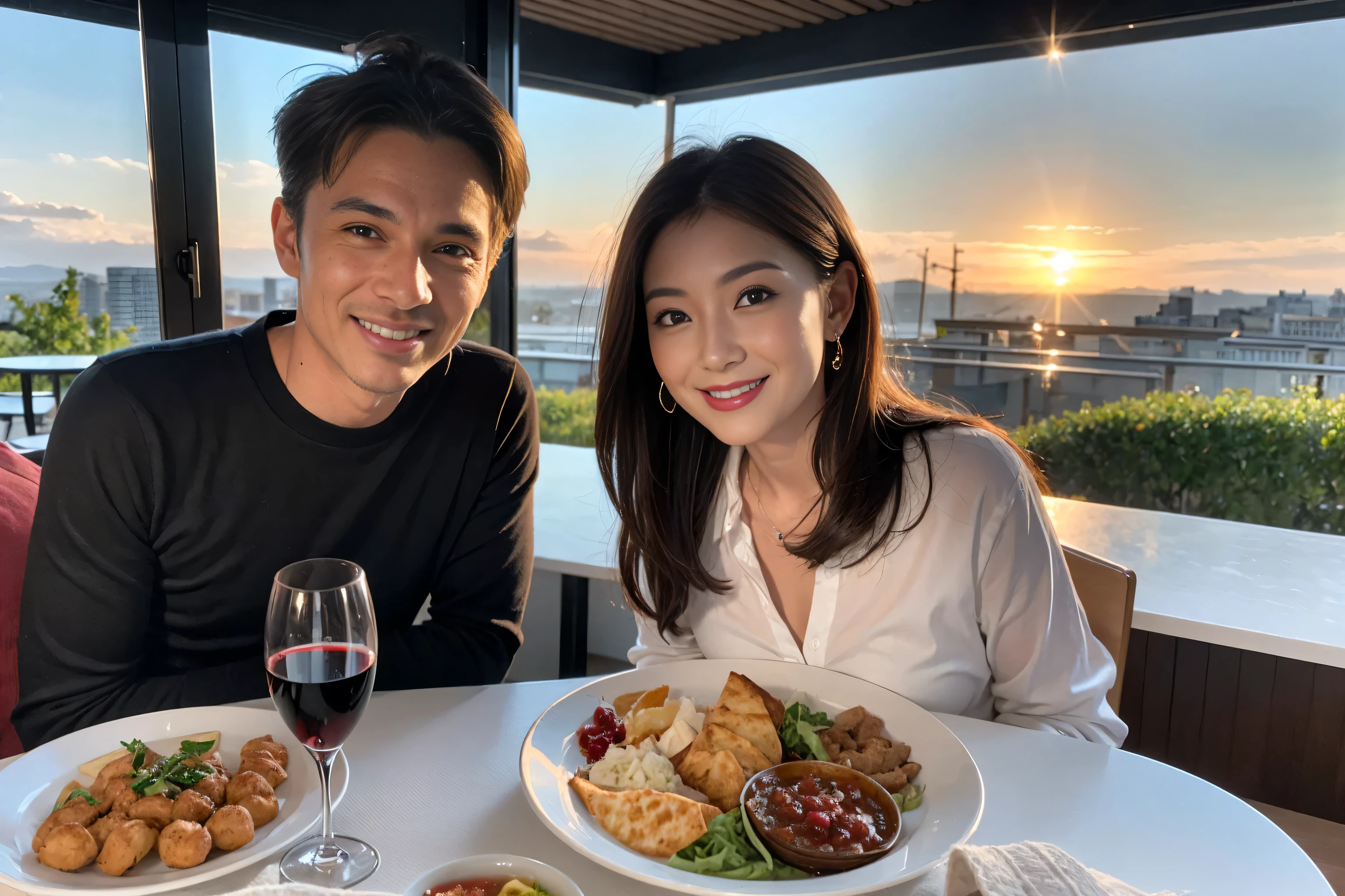 ((Highest quality、8k、masterpiece:1.3))、cute、Slim Couple、Model Couple、Actress/Actor、(Realistic, Intricate details:1.2), full-course dinner、wine 、Amazing view of the sunset sky and clouds、A bright smile、short hair,Bright Face、 (45 years old), 48 years old, 赤wine 、Appetizers、Italian food、wine bottle、Champagne、スパークリングwine、Two beauties、Brown Hair、Shortcuts、Long sleeve shirt、dress、Beautiful woman 1, (Slim face), (The body is スリム), (Brown Hair), (Shortcuts), cheeks turn a little red,Attractive beauty、