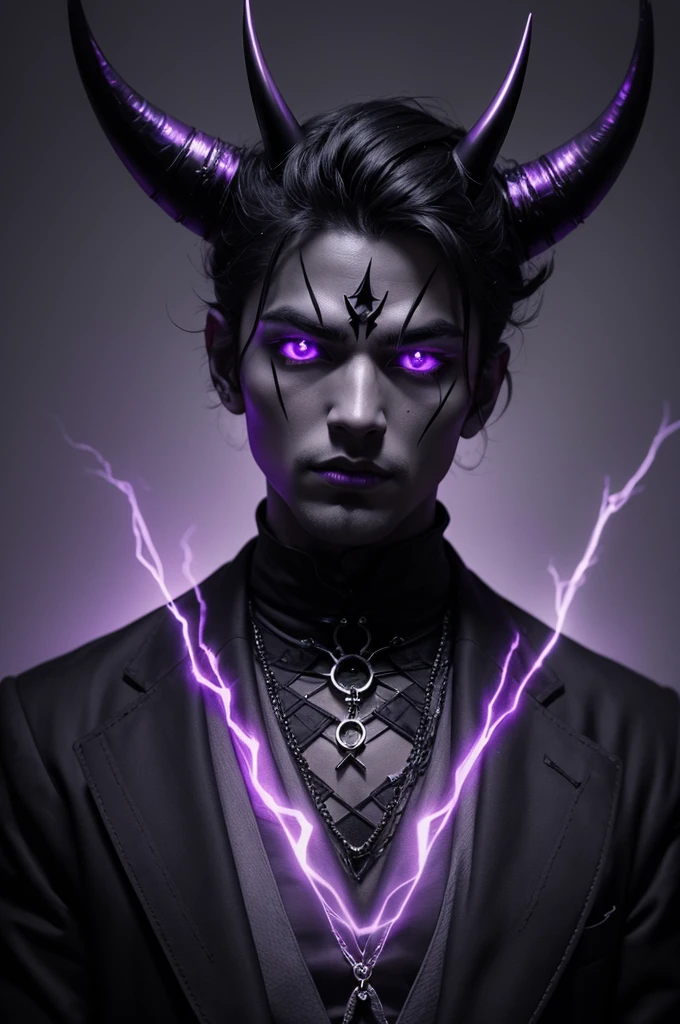 one men, with a dark power, black aura, color black, with purple details and horns, something like satanism