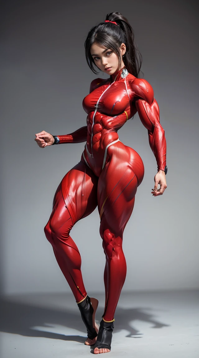 (Muscular:1.8), (thick thighs:1.5),
asian female, taki, soul calibur, black hair, ponytail,
eyeshadow, lipstick, (skintight red ninja suit:1.5),
(looking at viewer), three quarter view,
japanese arena, dim lighting, detailed skin, detailed eyes