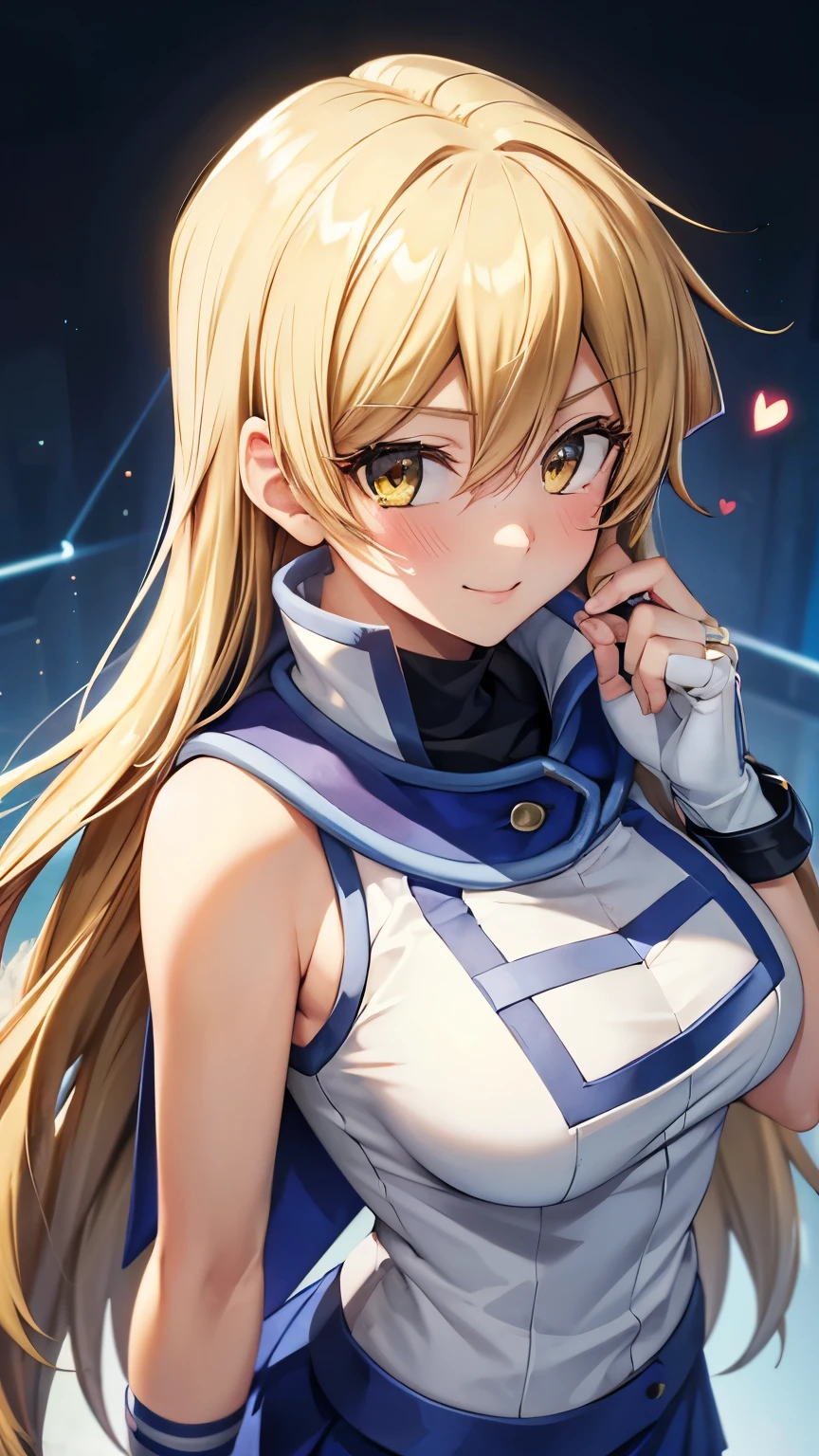 masterpiece, best quality, highres, heart hair ornament, ta1,blonde hair,long hair,yellow eyes, white jacket, sleeveless, blue skirt,tight skirt , miniskirt,fingerless gloves,smile,big tits ,looking at viewer,top view,(standing), bracelet, Cyber city,blue neon lights,((perfect face)),perfect body, perfect , high definition,blush,((upper body))