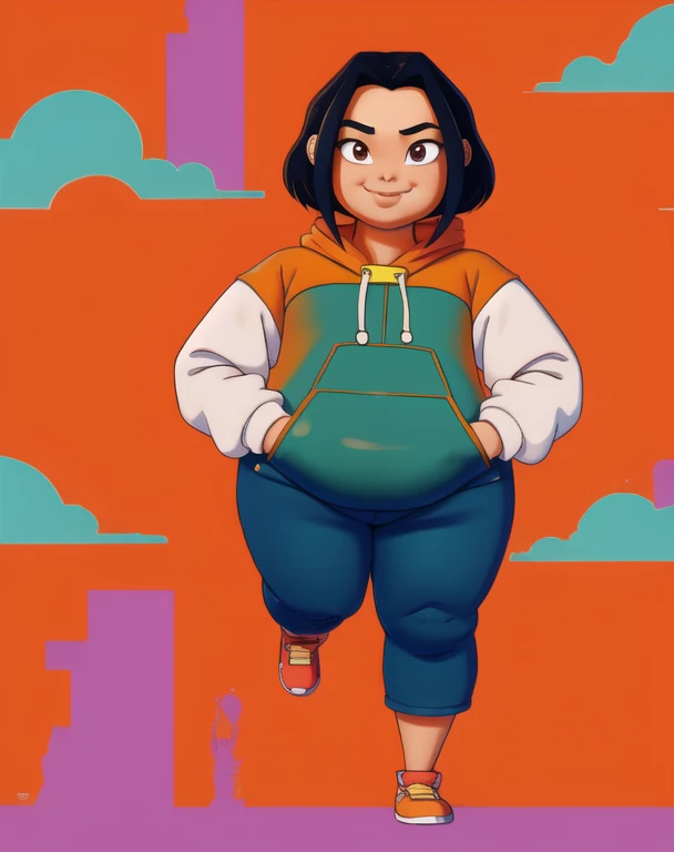 jadechan,short black hair,brown eyes,upper body plus, skinny, skinny legs, skinny hands, skinny neck, 1 fat girl, SSBBW,
orange short sleeved hoodie,white long sleeves,hood down,sneakers,blue pants,cartoon Hong Kong,morning,(insanely detailed, beautiful detailed face, masterpiece, best quality) solo, hands in pockets hoodie , smiling, full body plus view 