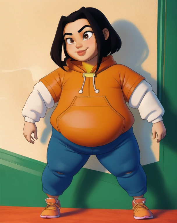 jadechan,short black hair,brown eyes,upper body plus, skinny, skinny legs, skinny hands, skinny neck, 1 fat girl, SSBBW,
orange short sleeved hoodie,white long sleeves,hood down,sneakers,blue pants,cartoon Hong Kong,morning,(insanely detailed, beautiful detailed face, masterpiece, best quality) solo, hands in pockets hoodie , smiling, full body plus view 