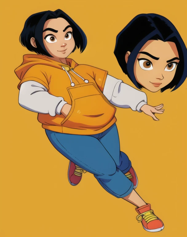 jadechan,short black hair,brown eyes,upper body plus, skinny, skinny legs, skinny hands, skinny neck, 1 fat girl, SSBBW,
orange short sleeved hoodie,white long sleeves,hood down,sneakers,blue pants,cartoon Hong Kong,morning,(insanely detailed, beautiful detailed face, masterpiece, best quality) solo, hands in pockets hoodie , smiling, full body plus view
