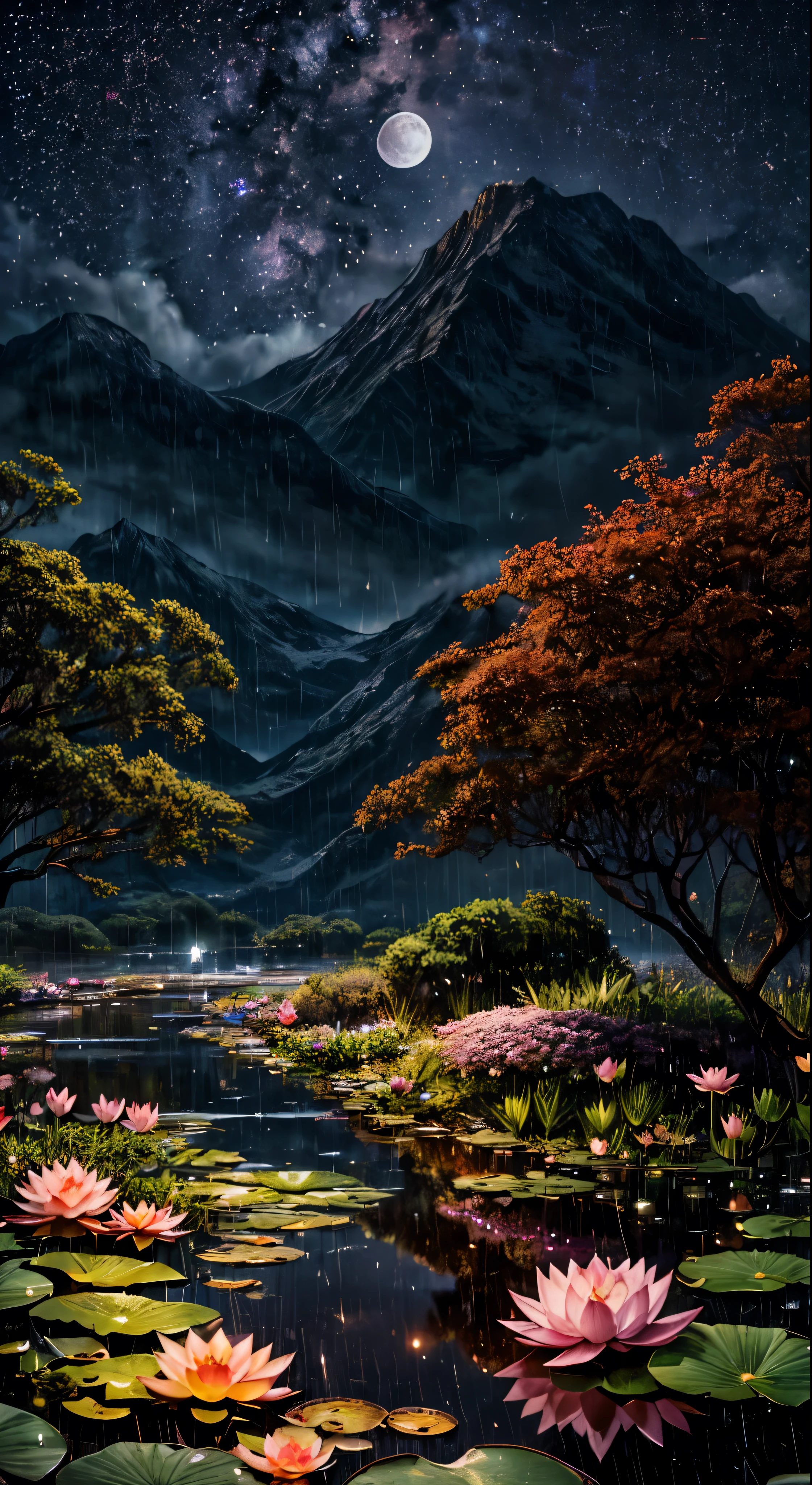 At night, only the moonlight illuminates, crooked moon, mountains in the distance, beautiful big lotus flowers nearby, big red lotus flowers, running water next to it, frogs, summer full of joy, crooked moon in the sky mixed with stars, amazing wallpaper, rainy night, night in the rain, beautiful and beautiful, movie, high detail ((heavy rain))), 8k