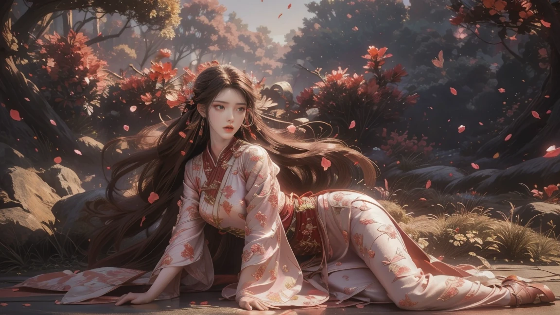 A beautiful woman with perfect curves wearing a long dress that gently flutters in the air,The beautiful woman was lie down in a sea of beautiful flowers surrounding her, Chinese traditional, her flexible body increasing with every movement, So enchanting, the dim candlelight, the glowing butterflies fighting the darkness of the night, the light of the moon, The night wind blowing the curtains, the pink flower petals , flower petals flying around the room, Chinese dancing, This woman is so beautiful that she attracts everyone who watches her, ancient China, imperial empress