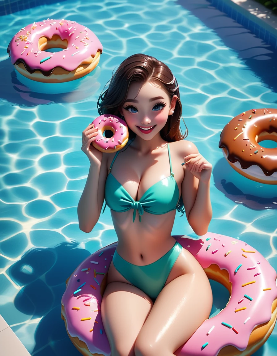 1 girl eating donut:1.5、smile、Floating in the pool with a donut swim ring、Donut bite mark、Detailed skin、Lips Lipgloss、、Beautiful detailed eyes、Beautiful detailed lips、Highly detailed face、Long eyelashes、high quality、8k、Real、Photorealistic、Bright colors、Soft lighting、Cinematic、Portrait