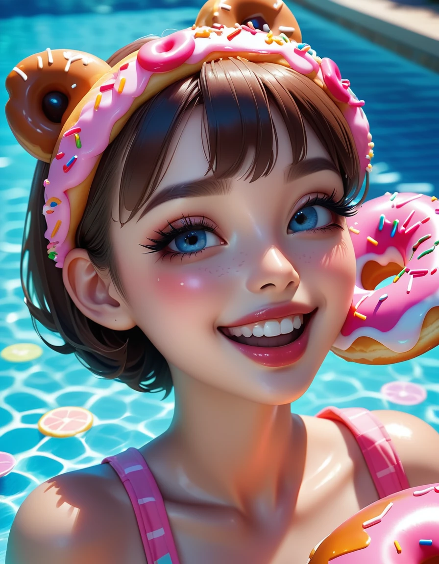 1 girl eating donut:1.5、smile、Floating in the pool with a donut swim ring、Donut bite mark、Detailed skin、Lips Lipgloss、、Beautiful detailed eyes、Beautiful detailed lips、Highly detailed face、Long eyelashes、high quality、8k、Real、Photorealistic、Bright colors、Soft lighting、Cinematic、Portrait