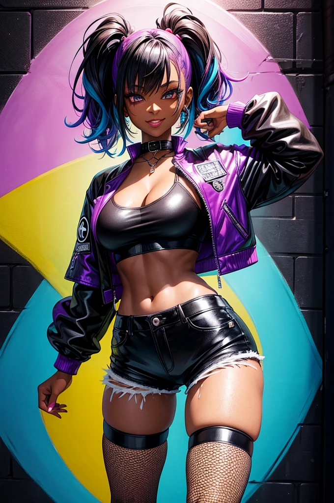 1 girl, anime style, dark skin, black woman, beautiful, 18 years, make-up, passionate look, naughty smile, waifu, close-up picture, zoom, portrait, colorful punk style, punk outfit, stylist, purple leather jacket, fishnet tank top, black jeans shorts, cleavage, fishnet pantyhose, fishnet leggings, leather gloves, standing, showing body, hands behind her head, posing in a dark alley, colorful graffiti on the walls, colorful walls, soft lighting, nighttime, midnight, ray tracing, award winning, photorealistic, 8k