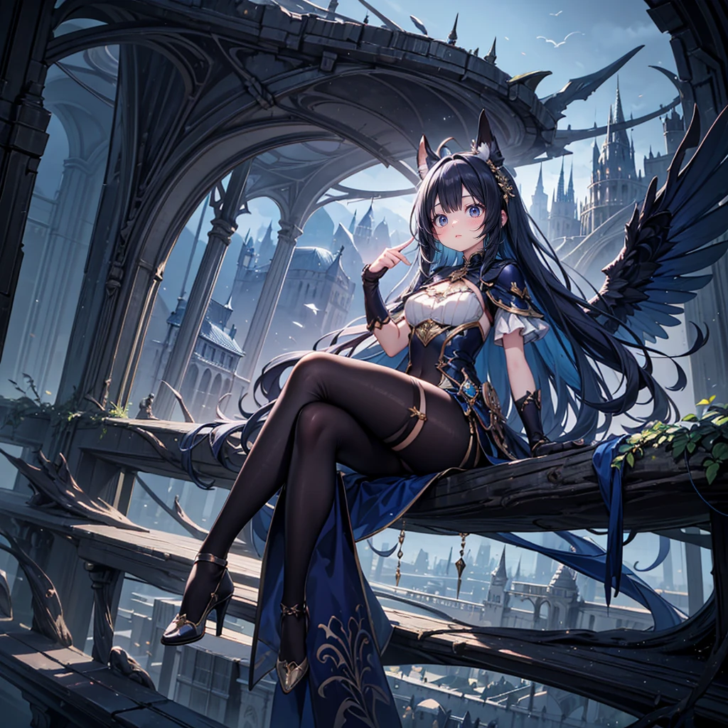 solo, 1 beautiful girl wearing fantasy clothes, sitting pose, stunning beautyfull fantasy world background, panorama view