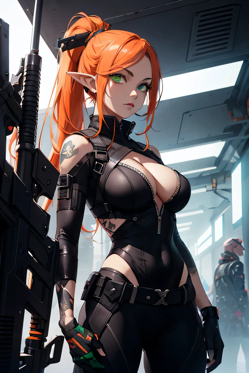 hot badass gothic Distopian Future Elf girl with long orange hair in a cool futuristic ponytail, green eyes and black clothes cyberpunk tattoos carrying a sniper rifle