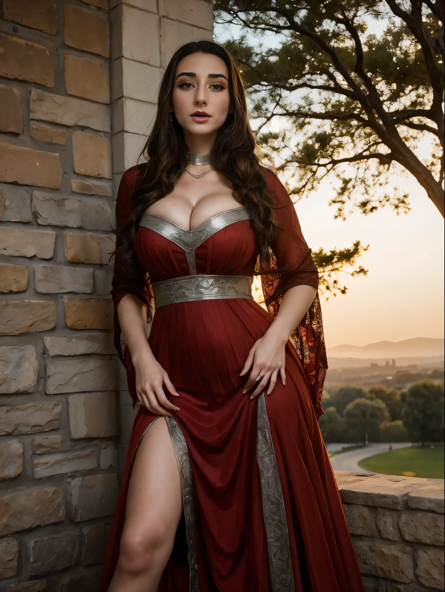 Beautiful and regal, imperious and aloof, busty athletic (thin) brunette queen with sharp facial features wearing a modest updo, dark red medieval dress, long sleeves, intricate patterns, embroidery, wide neck, crown, veil, long dress, modest dress, tight bodice, silver (waist chain), medieval jewelry, Middle Ages, castle, rampart, wall, exterior, on top of a castle wall, trees, countryside, evening, sunset.