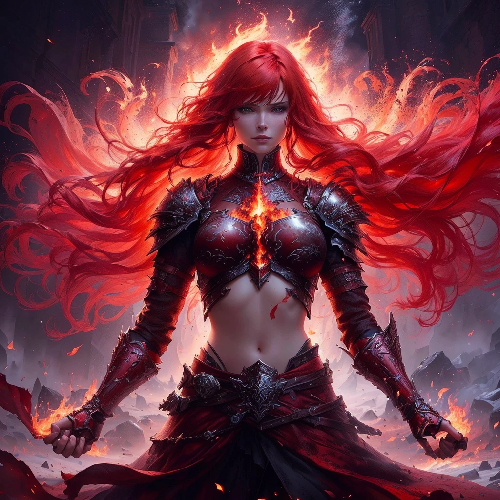 a woman with red hair and armor standing in front of a fire, 4k fantasy art, redhead queen in heavy red armor, epic fantasy art style hd, female redhead templar, red haired goddess, epic fantasy digital art style, epic fantasy art style, 8k fantasy art, karol bak uhd, epic fantasy style art, gothic fantasy art, anime fantasy artwork, large breasts