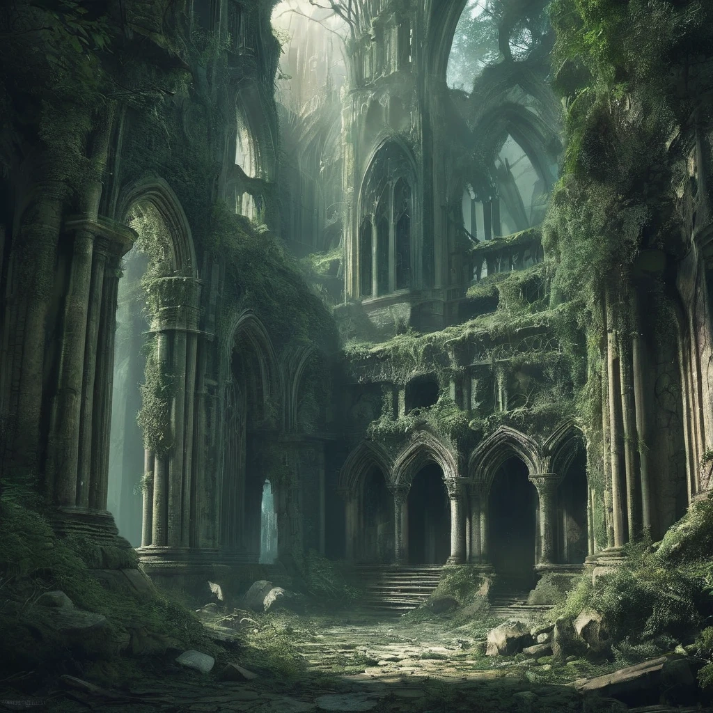 A majestic yet eerie medieval cathedral stands in the heart of a dense, shadowy forest. The cathedral’s ancient stone walls are covered with dark ivy and moss, with many stones cracked and weathered by centuries of neglect. Tall, stained-glass windows, some shattered and others clouded with age, faintly glimmer with ghostly light. Sunlight barely penetrates the thick canopy of twisted, gnarled trees that encircle the clearing, casting an otherworldly glow on the structure. The forest floor is littered with fallen leaves, twisted roots, and crumbling stone, adding to the sense of age and abandonment. The cathedral’s spires, now partially collapsed, reach skyward, piercing through the gloom as if seeking escape from the oppressive darkness. Flickering will-o'-the-wisps hover near the entrance, illuminating the worn, uneven steps and casting long, wavering shadows. Inside, the pews are coated with thick dust, and ancient, arcane symbols are faintly visible, etched into the crumbling stone walls. The air is thick with an unsettling silence, broken only by the distant calls of unseen creatures, creating a haunting atmosphere in this dark fantasy setting