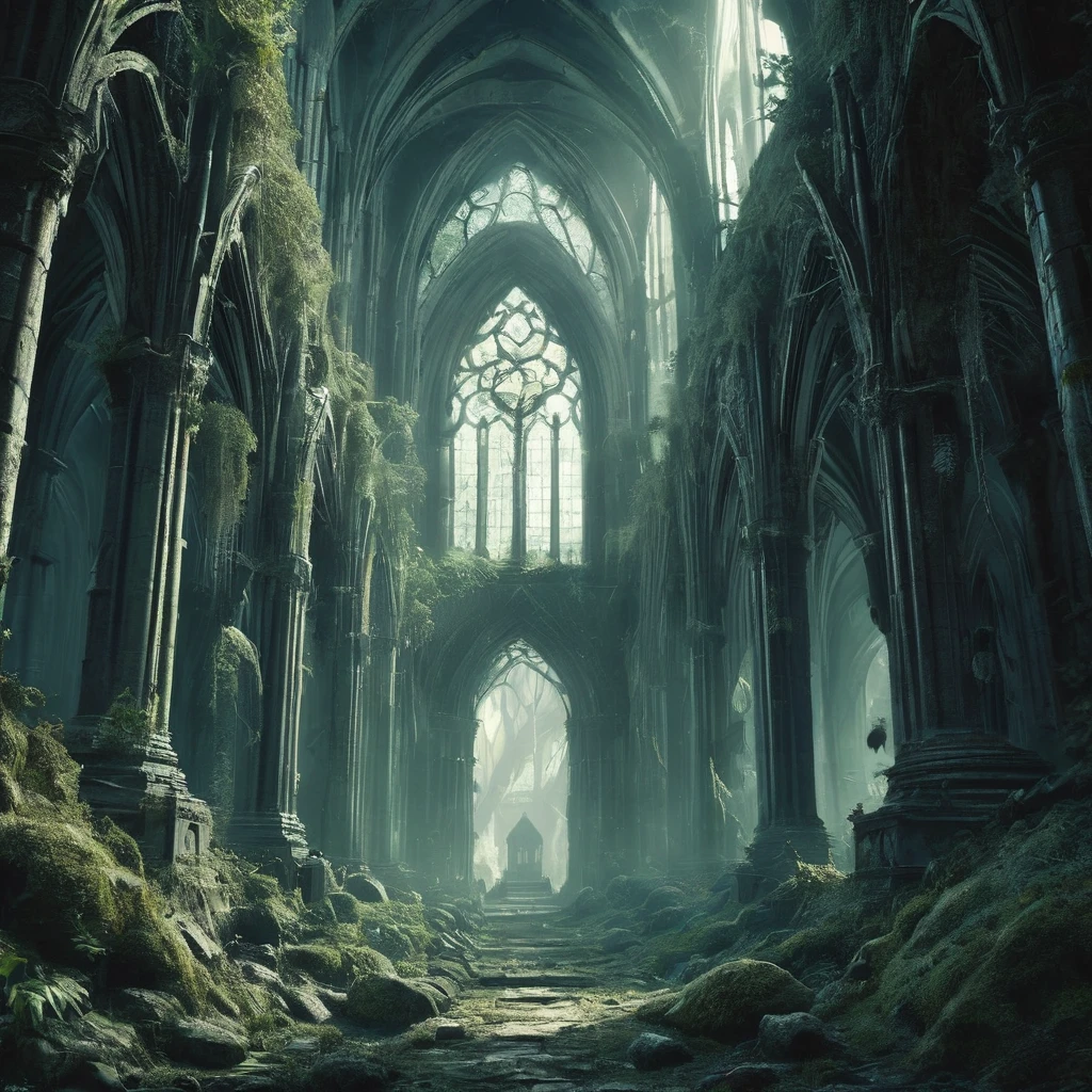A majestic yet eerie medieval cathedral stands in the heart of a dense, shadowy forest. The cathedral’s ancient stone walls are covered with dark ivy and moss, with many stones cracked and weathered by centuries of neglect. Tall, stained-glass windows, some shattered and others clouded with age, faintly glimmer with ghostly light. Sunlight barely penetrates the thick canopy of twisted, gnarled trees that encircle the clearing, casting an otherworldly glow on the structure. The forest floor is littered with fallen leaves, twisted roots, and crumbling stone, adding to the sense of age and abandonment. The cathedral’s spires, now partially collapsed, reach skyward, piercing through the gloom as if seeking escape from the oppressive darkness. Flickering will-o'-the-wisps hover near the entrance, illuminating the worn, uneven steps and casting long, wavering shadows. Inside, the pews are coated with thick dust, and ancient, arcane symbols are faintly visible, etched into the crumbling stone walls. The air is thick with an unsettling silence, broken only by the distant calls of unseen creatures, creating a haunting atmosphere in this dark fantasy setting