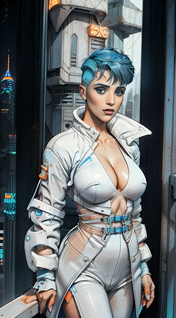 Stefania Ferrario short blue hair shaved on the sides, parted lips, wearing a loose modern white overcoat over white and orange futuristic cyberpunk costume, at night on top of a building, 8k, artgerm julie bell beeple, Wojtek FUS, bipe. hyper- realism, arte do bipe, Beeple Daily Art