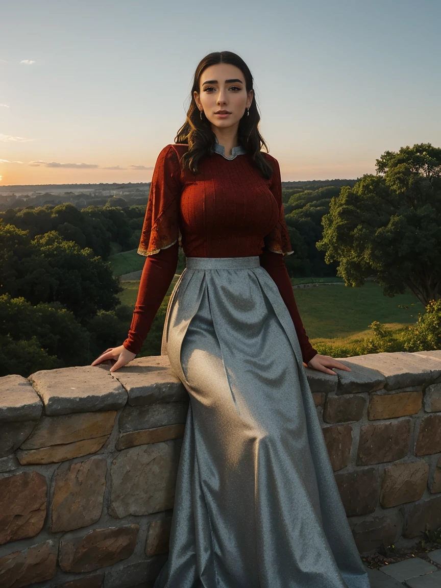 Gorgeous and sultry busty athletic (thin) brunette queen with sharp facial features wearing a modest updo, dark red medieval dress, long sleeves, intricate patterns, scrollwork, wide neck, crown, veil, long dress, modest dress, tight bodice, (silver waist chain), medieval jewelry, Middle Ages, castle, rampart, wall, exterior, on top of a castle wall, trees, countryside, evening, sunset.