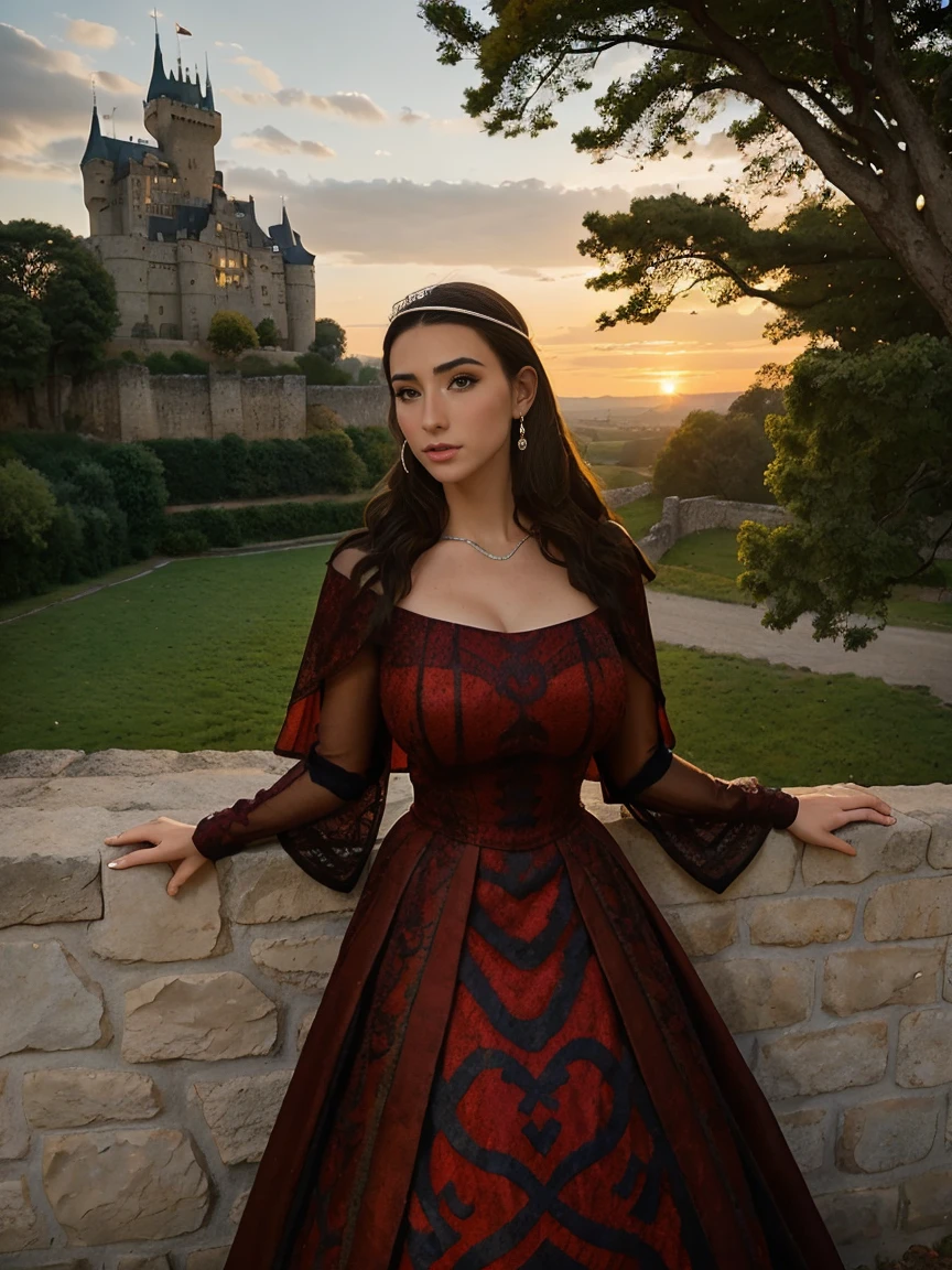 Gorgeous and sultry busty athletic (thin) brunette queen with sharp facial features wearing a modest updo, dark red medieval dress, long sleeves, intricate patterns, scrollwork, wide neck, crown, veil, long dress, modest dress, tight bodice, (silver waist chain), medieval jewelry, Middle Ages, castle, rampart, wall, exterior, on top of a castle wall, trees, countryside, evening, sunset.