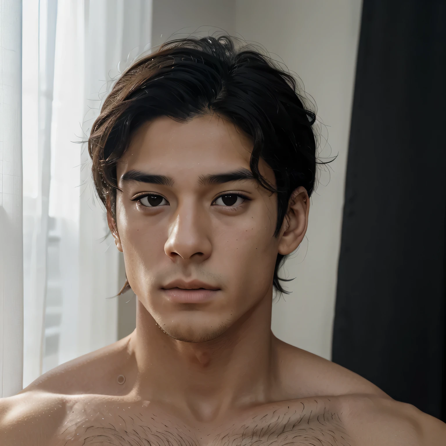 (best quality), (8k), (top quality), (real photo), (realistic photo), Korean mix Hispanic light skinnd male with curtain dark hairstyles. He looking at the screen with a stern face. Jawline define. He’s really handsome.