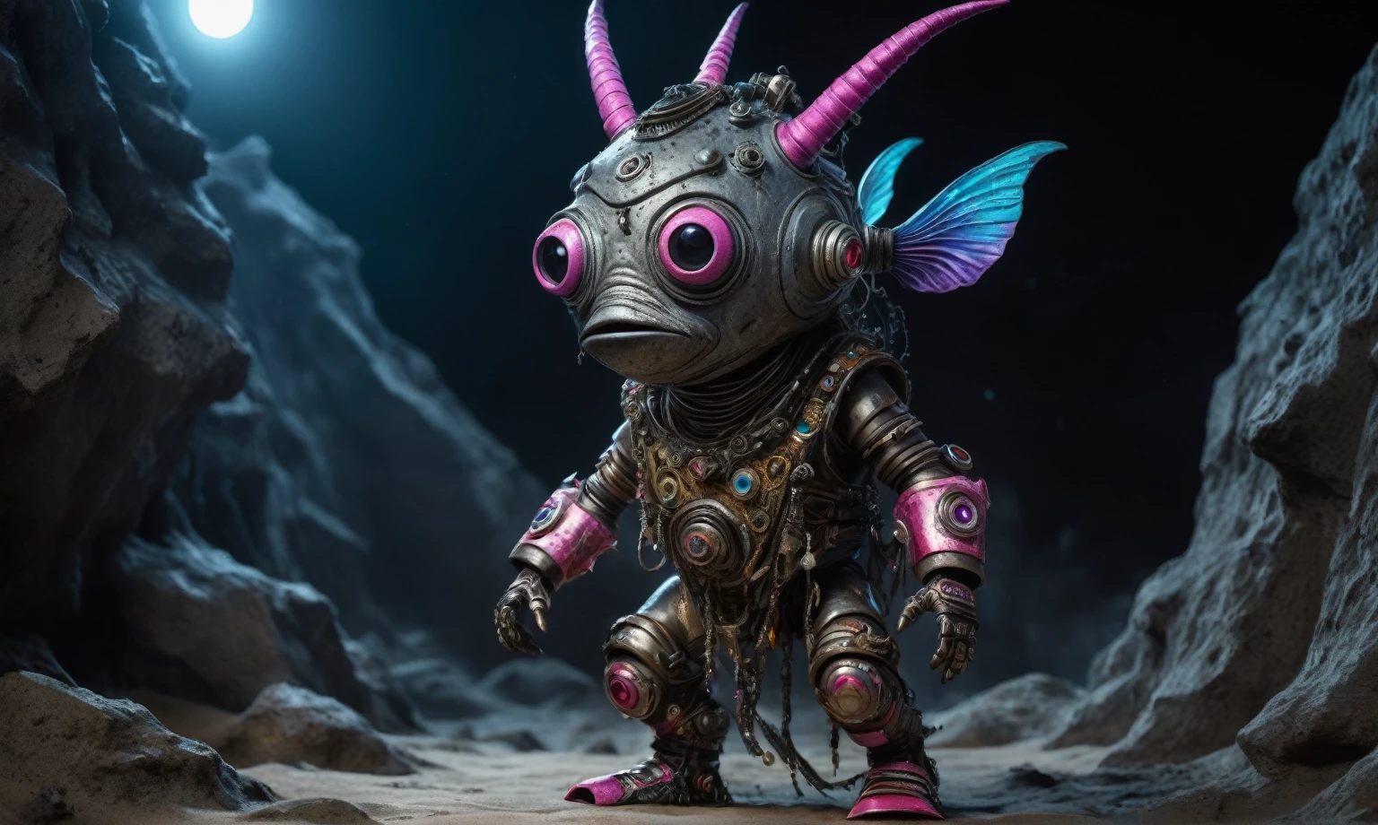 full body length shot,nerd graphite  Alien Entity,native africa slave ,azctec, Finnish Lapland,Cinematic,soft colors, Technicolor,natural skin textures, hyper realism, hyper detailed,Extremely detailed,High contrast,Masterpiece,Realistic,Ultra Detailed, intricate details,realistic humid leather,extremely intricate details,Epic Realistic, cinematic style, irina yermolova,high contrast,hdr,extremely detailed, [deep night landscape],masterpiece, intricate details, eyes extremely detailed, high detailed eyes,8k resolution,retina, Nikon Z9,orc,Egypt, Pisces, transition between two art styles,full body length, Double contact, X-ray, Creative, vivid light, fantasy, Abstract, Surrealism, super detailed, high resolution,insanity national folk wear,skin  almost translucent, gothic elements,Mestichino donkey,Light particles,chaos,starfish's leather,"(The best lighting, dark, dramatic), terror.),(fish eyes, A Modern flat toon Crazy whit a Big ONE a Only Eye Robot USSR , helmet Style, tongs in hands,  pinhead, camouflage gray White Pink Rusty, Ambient in a meteorite crater super detailed, 