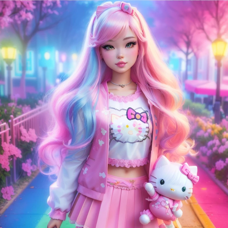 barbie doll with pink hair and a hello kitty outfit, anime barbie doll, anime barbie in white, very beautiful cute catgirl, barbie doll, rossdraws pastel vibrant, kawaii realistic portrait, colorful aesthetic, rossdraws cartoon vibrant, realistic anime 3 d style, realistic artstyle, cute digital art, beeple and jeremiah ketner, anime styled 3d